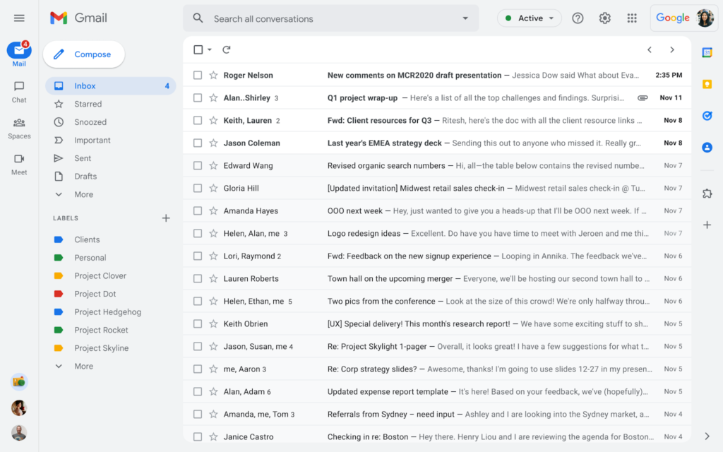 A Google Workspace inbox: Gmail with the company's own labels, plus Chat, Meet and Spaces in the side rail